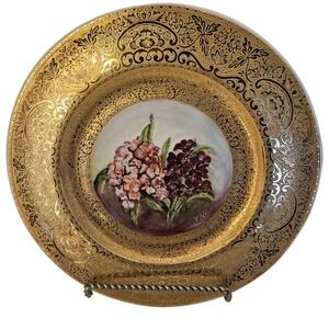 Vintage 1948 Winifred Prentice HandPainted Gold Encrusted Floral Porcelain Plate